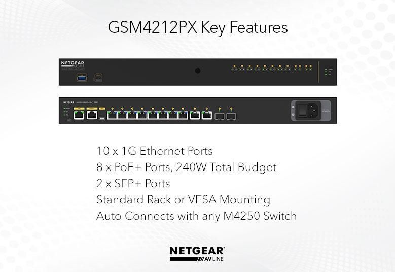 Комутатор NETGEAR M4250-10G2XF-PoE+ (GSM4212PX) 8x1GE PoE+(240Вт), 2x1GE, 2xSFP, AV Line керований L2 GSM4212PX-100EUS фото