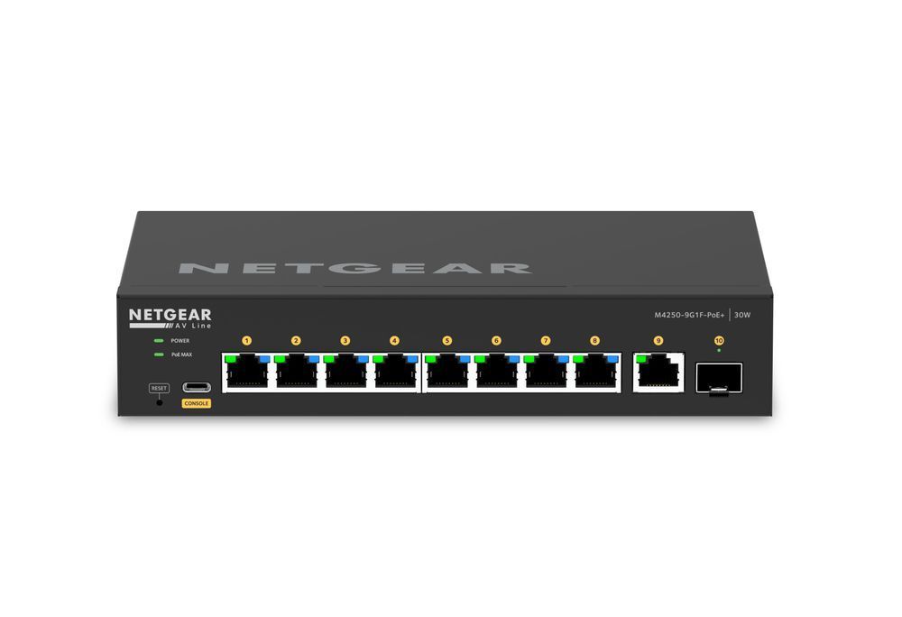 Комутатор NETGEAR M4250-9G1F-PoE+ (GSM4210PD), 8x1GE PoE+(110Вт), 1x1GE, 1xSFP, AV Line керований L2 GSM4210PD-100EUS фото
